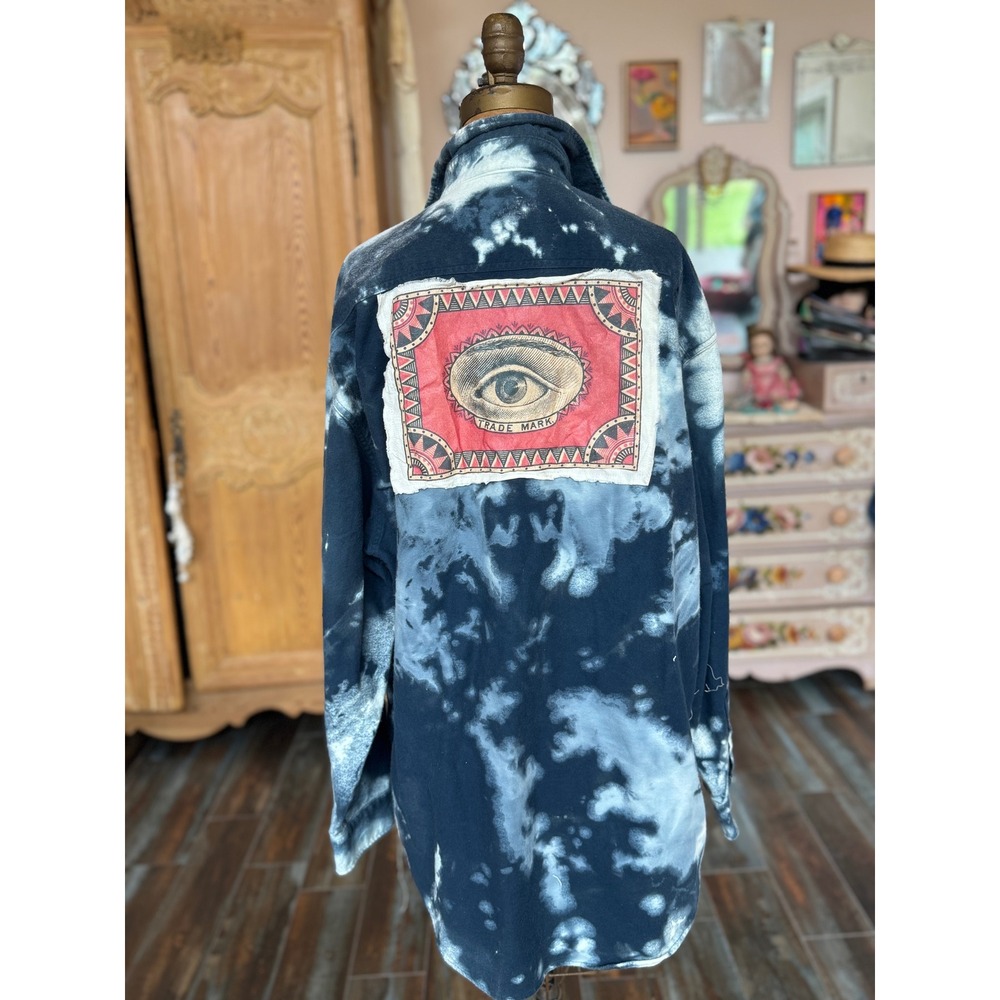 Bleached Indigo Shammy‎ Shacket XL Tall All Seeing Eye Patch Art Wear Jacket - Picture 7 of 10